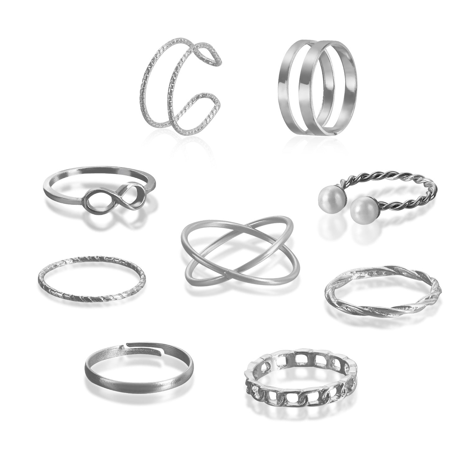 Wholesale Hollowed Out Geometric Wave Shaped Pearl Opening 9-piece Set of Rings